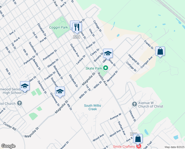 map of restaurants, bars, coffee shops, grocery stores, and more near 2620 Durham Avenue in Brownwood
