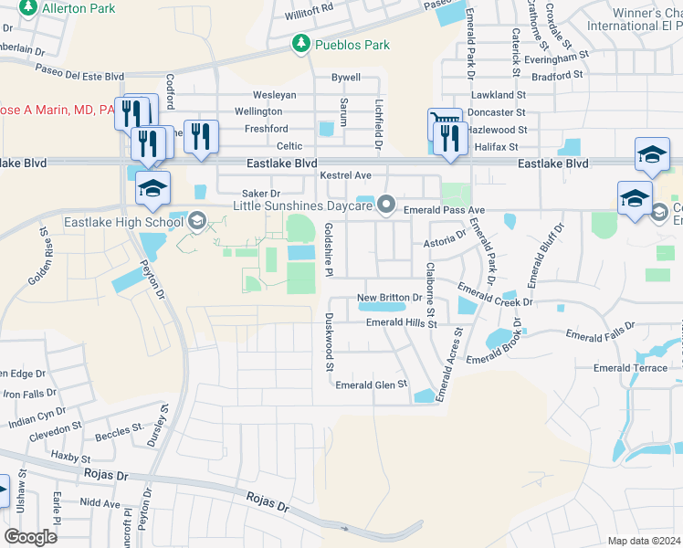 map of restaurants, bars, coffee shops, grocery stores, and more near 427 Winter Spring Place in El Paso