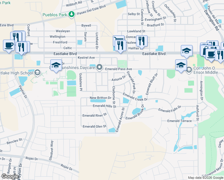map of restaurants, bars, coffee shops, grocery stores, and more near 13280 Darkshire Court in El Paso