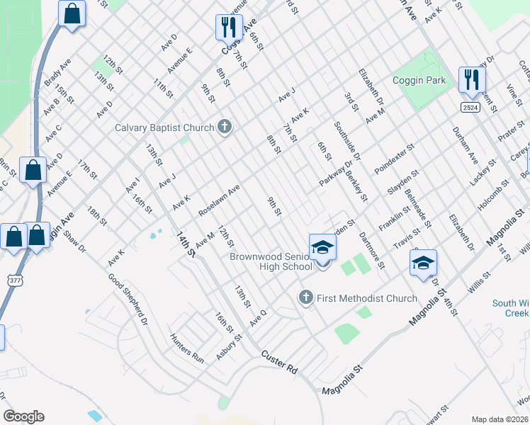 map of restaurants, bars, coffee shops, grocery stores, and more near 2105 9th Street in Brownwood