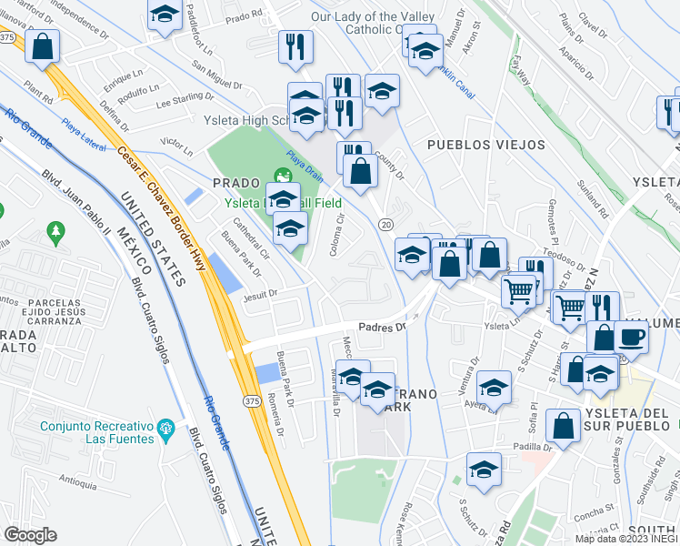 map of restaurants, bars, coffee shops, grocery stores, and more near 244 John Andreas Drive in El Paso