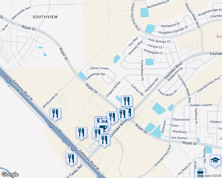 map of restaurants, bars, coffee shops, grocery stores, and more near 12109 Chapel Hill Road in Horizon City