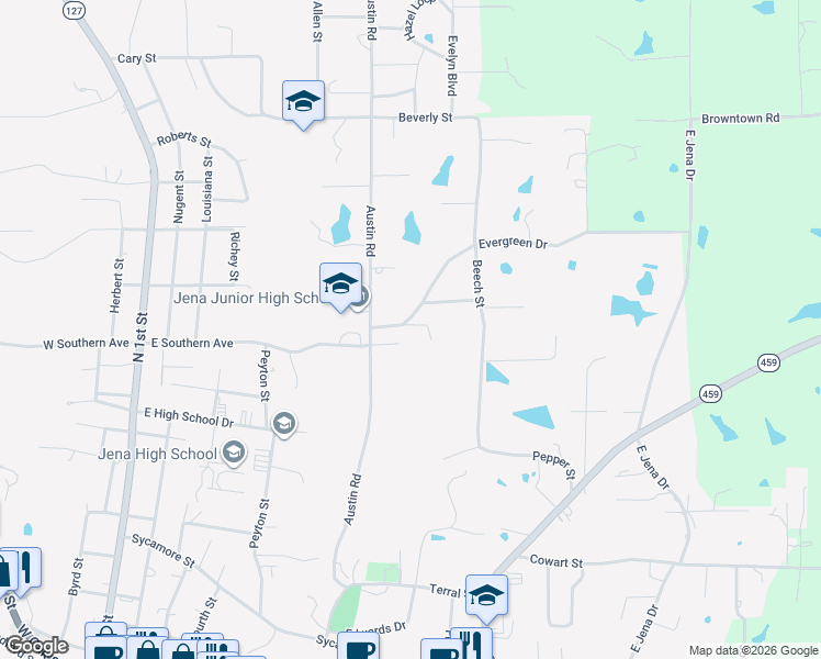 map of restaurants, bars, coffee shops, grocery stores, and more near Rick Road in Jena