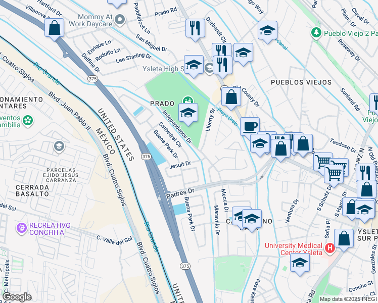 map of restaurants, bars, coffee shops, grocery stores, and more near 8706 Cathedral Circle in El Paso