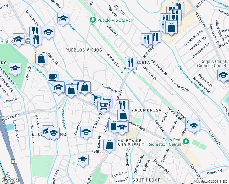 map of restaurants, bars, coffee shops, grocery stores, and more near 9010 Teodoso Drive in El Paso