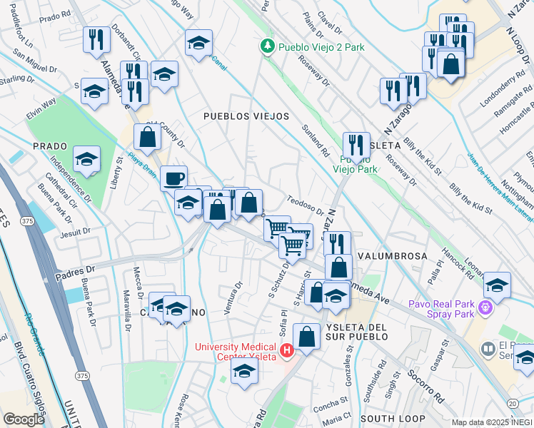 map of restaurants, bars, coffee shops, grocery stores, and more near 8903 Old County Drive in El Paso