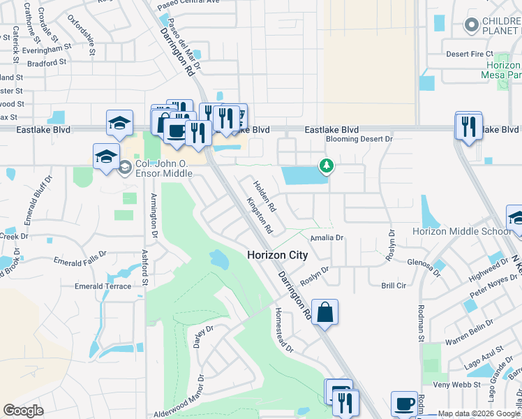 map of restaurants, bars, coffee shops, grocery stores, and more near 14836 Kingston Drive in Horizon City
