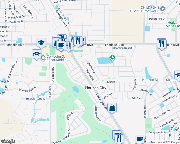 map of restaurants, bars, coffee shops, grocery stores, and more near 14836 Kingston Drive in Horizon City