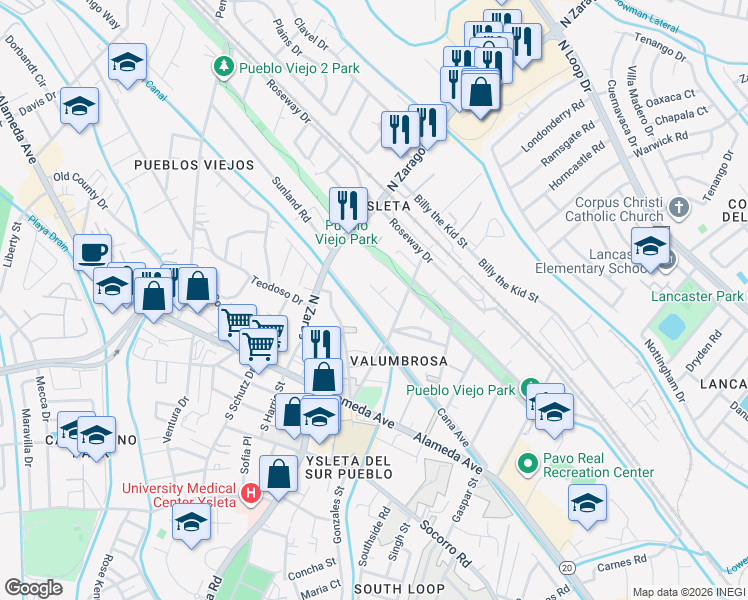map of restaurants, bars, coffee shops, grocery stores, and more near 9048 Cana Avenue in El Paso