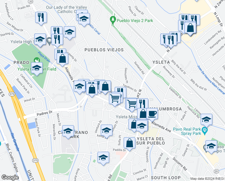 map of restaurants, bars, coffee shops, grocery stores, and more near 8903 Old County Drive in El Paso