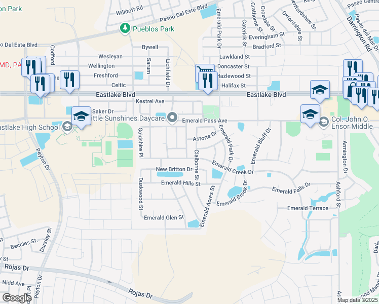 map of restaurants, bars, coffee shops, grocery stores, and more near 438 Coldridge Valley Place in El Paso