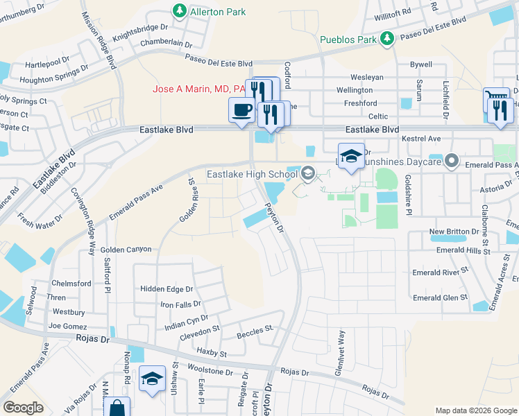 map of restaurants, bars, coffee shops, grocery stores, and more near Peyton in El Paso