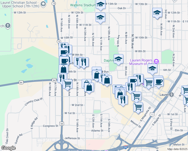 map of restaurants, bars, coffee shops, grocery stores, and more near in Laurel