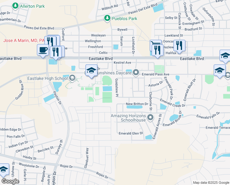 map of restaurants, bars, coffee shops, grocery stores, and more near 441 Goldshire Place in Horizon City