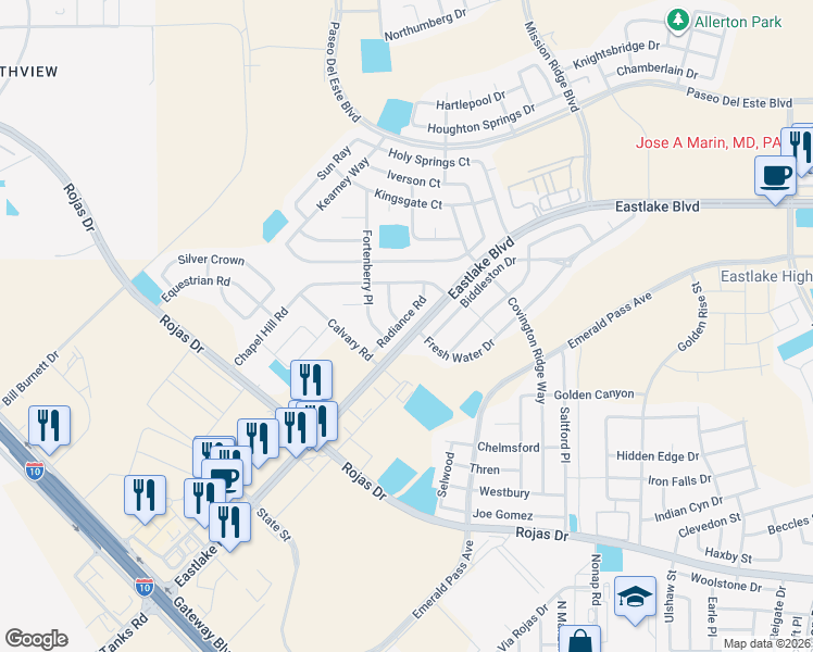 map of restaurants, bars, coffee shops, grocery stores, and more near 12178 Radiance Road in El Paso