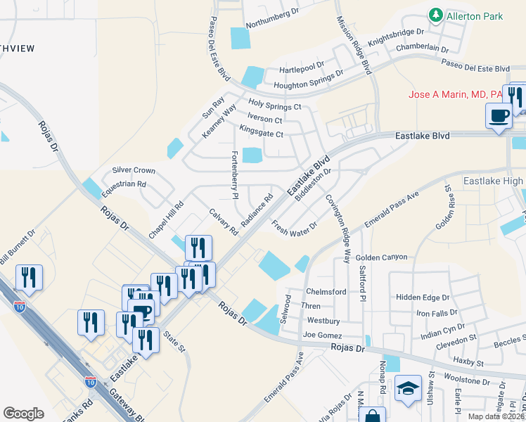 map of restaurants, bars, coffee shops, grocery stores, and more near 12178 Radiance Road in El Paso
