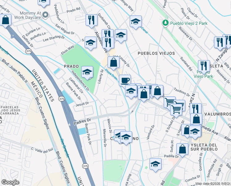 map of restaurants, bars, coffee shops, grocery stores, and more near 244 John Andreas Drive in El Paso