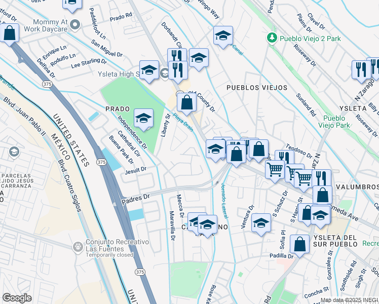 map of restaurants, bars, coffee shops, grocery stores, and more near 244 John Andreas Drive in El Paso