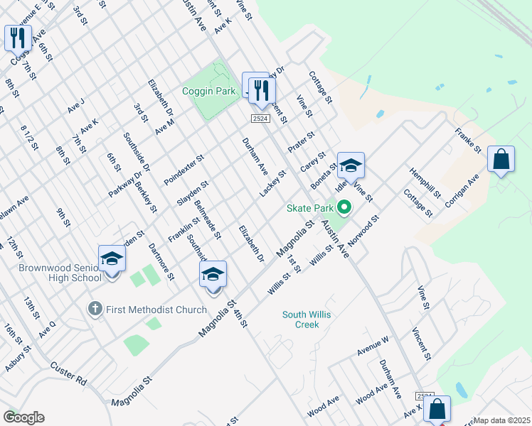 map of restaurants, bars, coffee shops, grocery stores, and more near 2612 1st Street in Brownwood