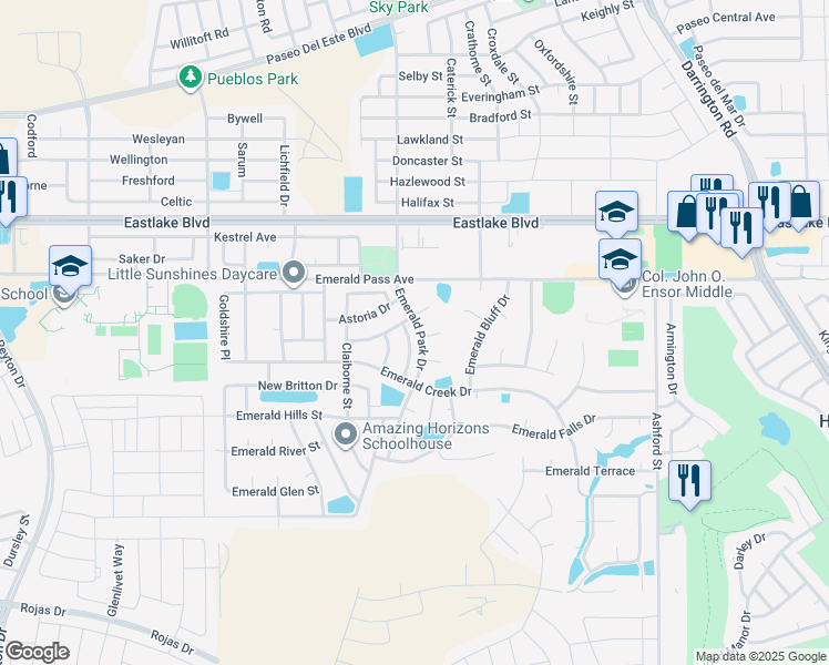 map of restaurants, bars, coffee shops, grocery stores, and more near 437 Oakhurst Lane in Horizon City