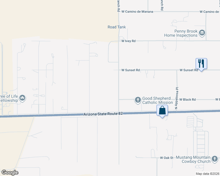 map of restaurants, bars, coffee shops, grocery stores, and more near 2281 North Sands Ranch Road in Huachuca City