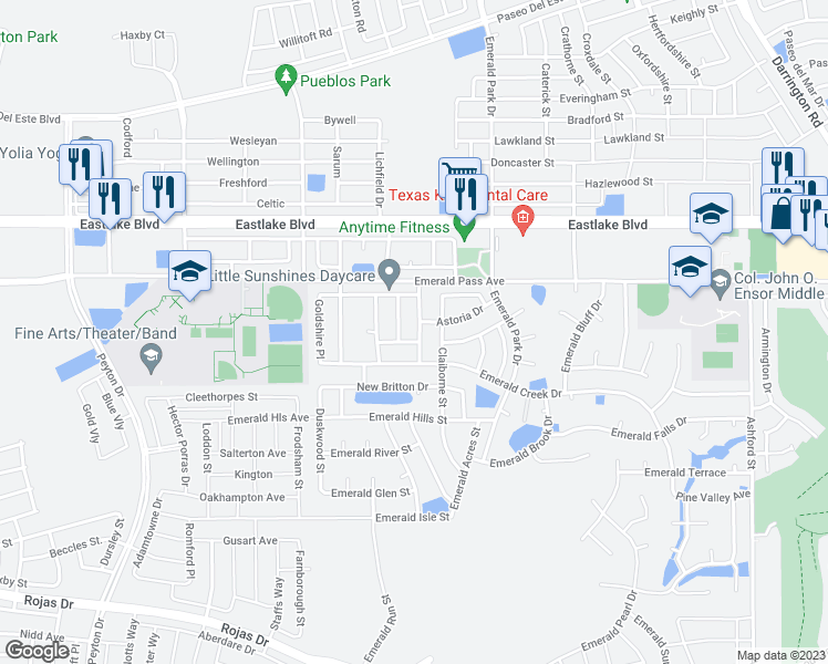 map of restaurants, bars, coffee shops, grocery stores, and more near 455 Coldridge Valley Place in El Paso