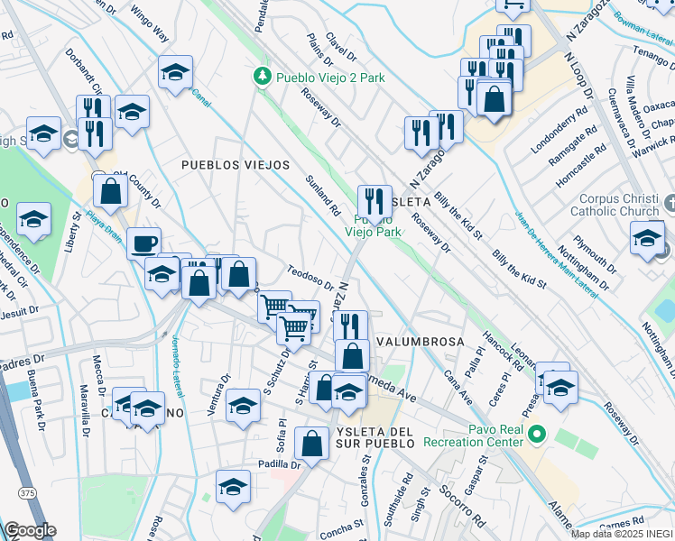 map of restaurants, bars, coffee shops, grocery stores, and more near 9010 Teodoso Drive in El Paso