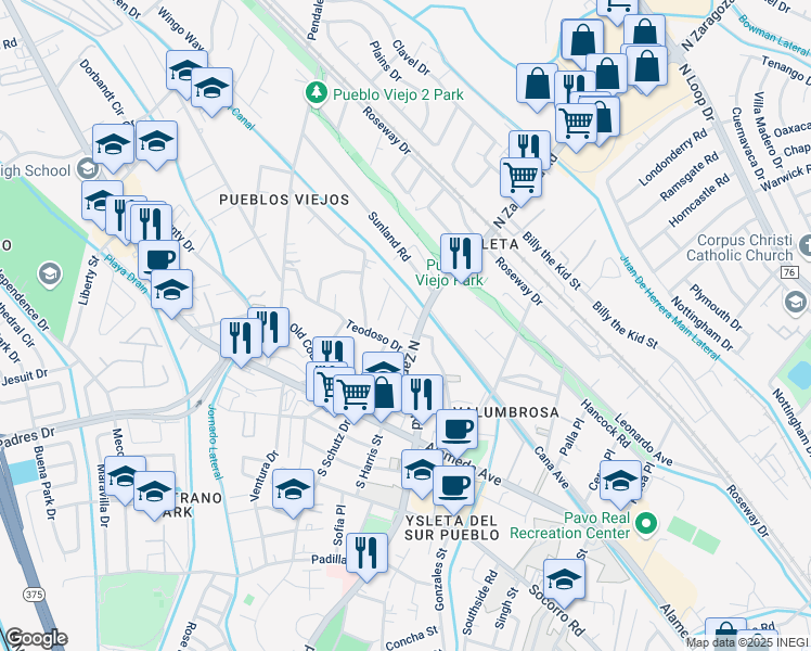 map of restaurants, bars, coffee shops, grocery stores, and more near 9010 Teodoso Drive in El Paso