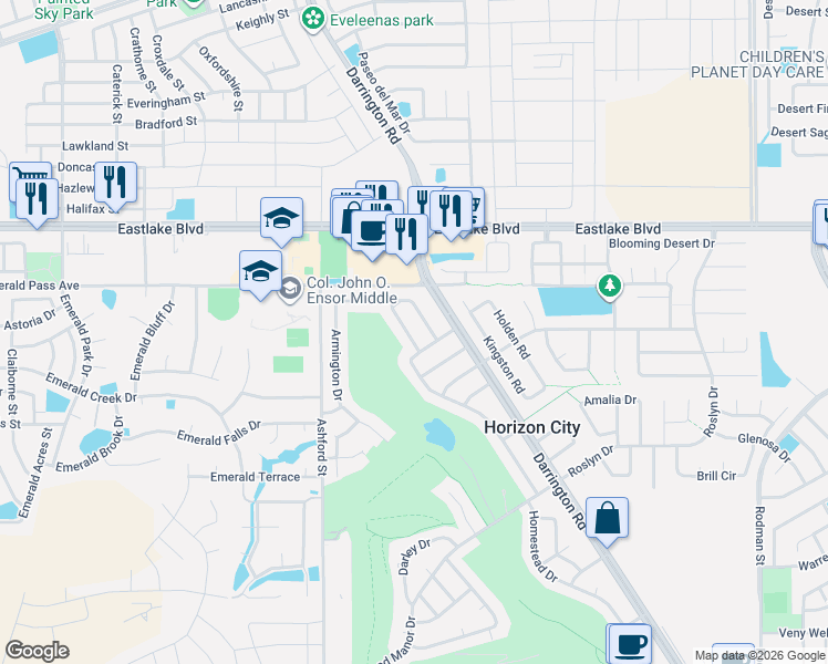 map of restaurants, bars, coffee shops, grocery stores, and more near 3628 Colville Drive in Horizon City