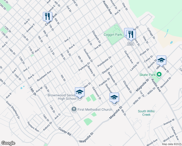 map of restaurants, bars, coffee shops, grocery stores, and more near 2205 Berkley Street in Brownwood