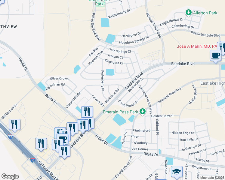map of restaurants, bars, coffee shops, grocery stores, and more near 12206 Chapel Hill Road in Horizon City