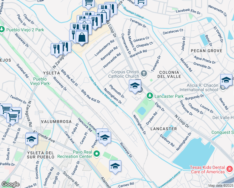 map of restaurants, bars, coffee shops, grocery stores, and more near 9134 Enfield Way in El Paso