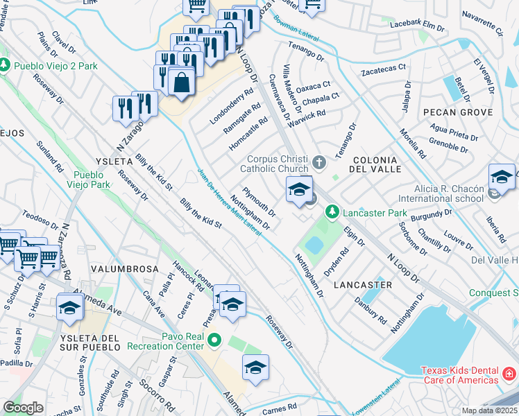 map of restaurants, bars, coffee shops, grocery stores, and more near 9134 Enfield Way in El Paso