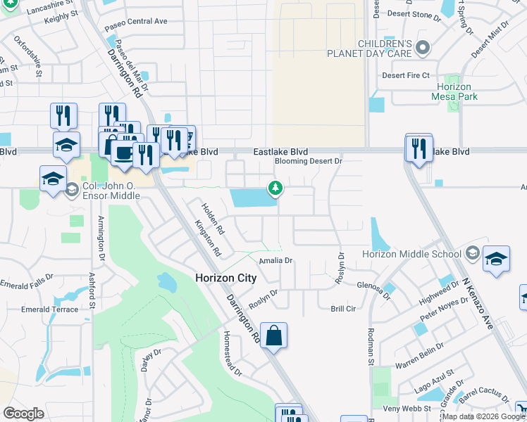 map of restaurants, bars, coffee shops, grocery stores, and more near 448 Benton Street in Horizon City