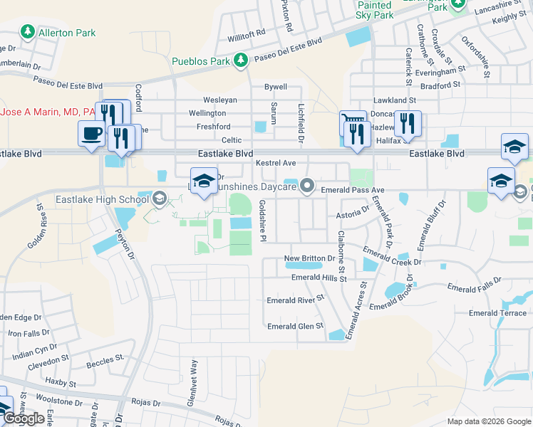 map of restaurants, bars, coffee shops, grocery stores, and more near 480 Winter Spring Place in El Paso