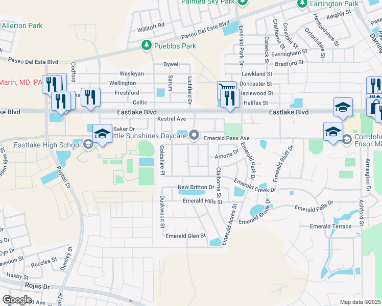 map of restaurants, bars, coffee shops, grocery stores, and more near 472 Southshore Place in El Paso