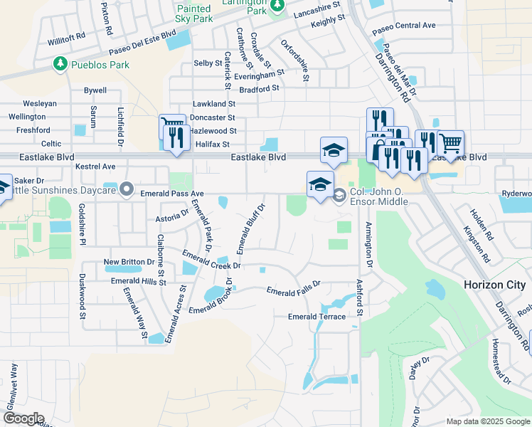 map of restaurants, bars, coffee shops, grocery stores, and more near 460 Emerald Bluff Drive in Horizon City