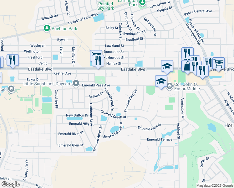 map of restaurants, bars, coffee shops, grocery stores, and more near 13418 Emerald Tide Way in El Paso
