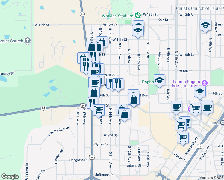 map of restaurants, bars, coffee shops, grocery stores, and more near 619 North 14th Avenue in Laurel