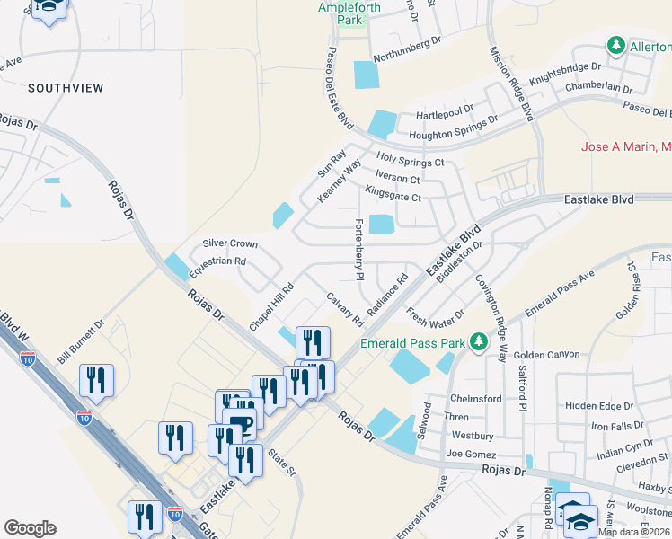 map of restaurants, bars, coffee shops, grocery stores, and more near 12152 Chapel Hill Road in Horizon City