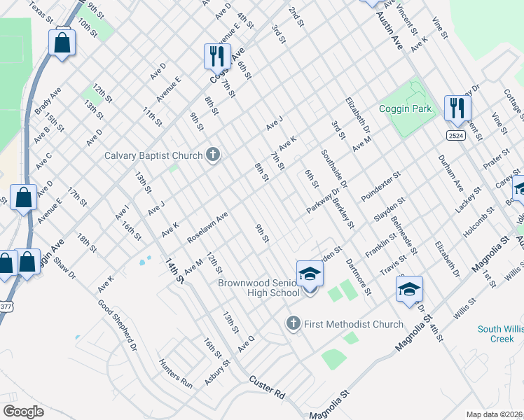 map of restaurants, bars, coffee shops, grocery stores, and more near 2009 Brooke Lane in Brownwood
