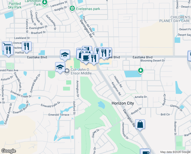 map of restaurants, bars, coffee shops, grocery stores, and more near 3628 Colville Drive in Horizon City
