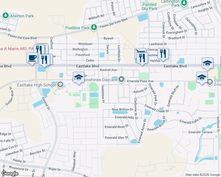 map of restaurants, bars, coffee shops, grocery stores, and more near 480 Winter Spring Place in El Paso