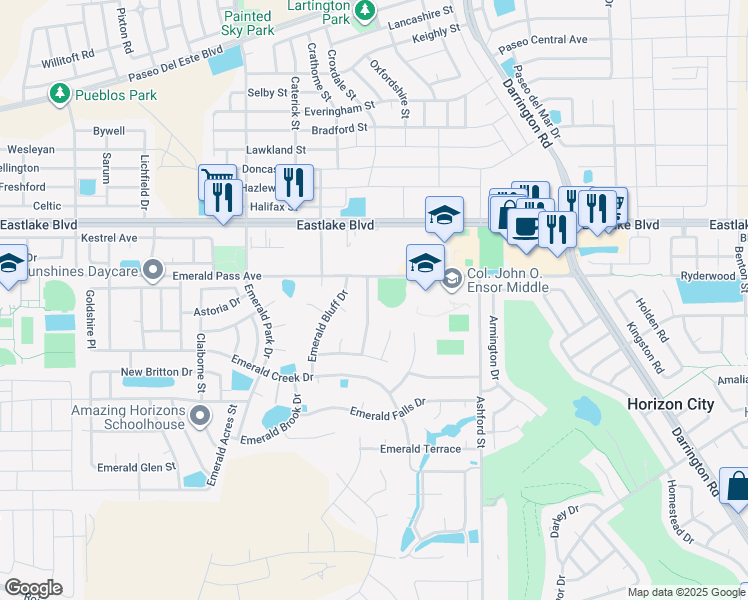 map of restaurants, bars, coffee shops, grocery stores, and more near 444 Emerald Pass Avenue in Horizon City