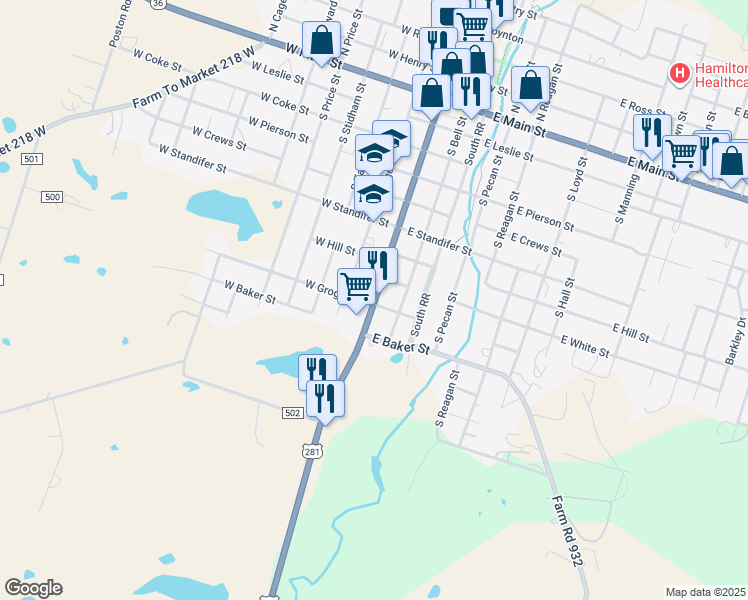 map of restaurants, bars, coffee shops, grocery stores, and more near 1001 South Rice Street in Hamilton