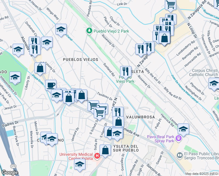 map of restaurants, bars, coffee shops, grocery stores, and more near 194 Arnold Pl in El Paso