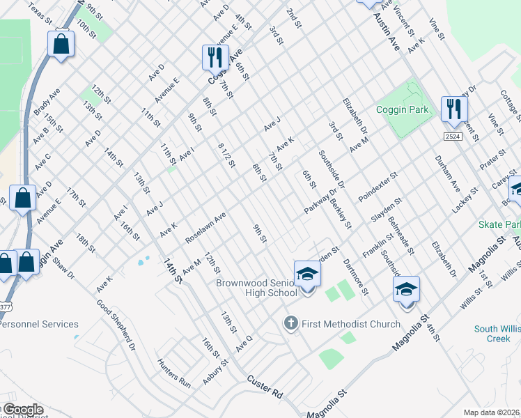 map of restaurants, bars, coffee shops, grocery stores, and more near 2009 Brook Lane in Brownwood