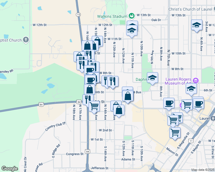 map of restaurants, bars, coffee shops, grocery stores, and more near 619 North 14th Avenue in Laurel