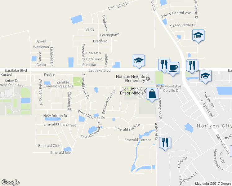 map of restaurants, bars, coffee shops, grocery stores, and more near 460 Emerald Bluff Drive in Horizon City
