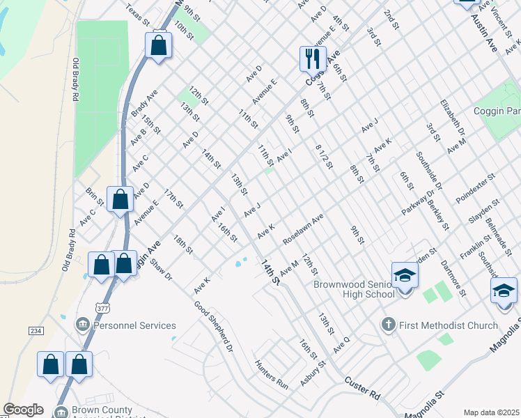 map of restaurants, bars, coffee shops, grocery stores, and more near 1802 13th Street in Brownwood